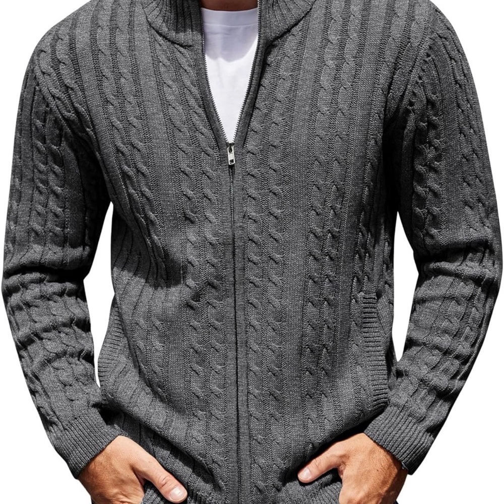 Coofandy Men’s Cable Knit Zip Up Sweater Gray Mock Neck Large NWT